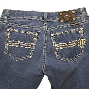 Miss Me Easy Skinny Jeans 29x29 Bling Embroidered Pockets Blue Thick Stitch Flaw